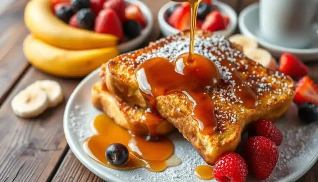 Serviertes French Toast mit Puderzucker und Ahornsirup