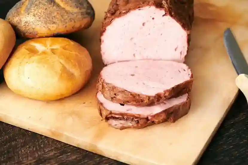 Hausgemachter Leberkäse Backen, frisch aus dem Ofen, in Scheiben geschnitten und serviert mit knusprigen Brötchen auf einem Holzbrett.