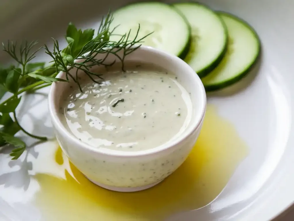 Leichtes Gurkensalat Dressing mit frischen Kräutern, serviert in einer Schale neben Gurkenscheiben