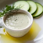 Leichtes Gurkensalat Dressing mit frischen Kräutern, serviert in einer Schale neben Gurkenscheiben