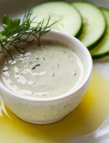 Leichtes Gurkensalat Dressing mit frischen Kräutern, serviert in einer Schale neben Gurkenscheiben