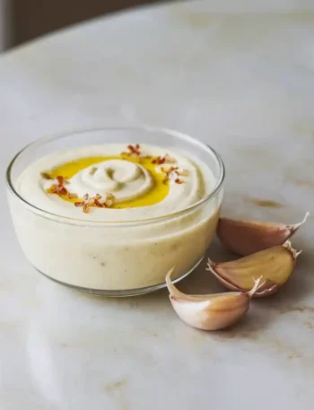 Rezept aioli ohne ei in einer transparenten Schüssel auf einem modernen Marmor-Tisch, dekoriert mit Olivenöl und Knoblauch