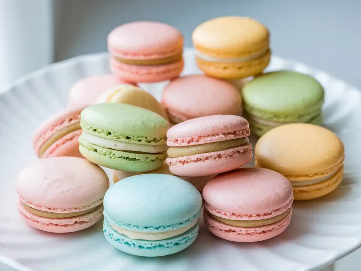 Bunte Macarons mit knuspriger Baiserschale und cremiger Füllung auf einem weißen Teller