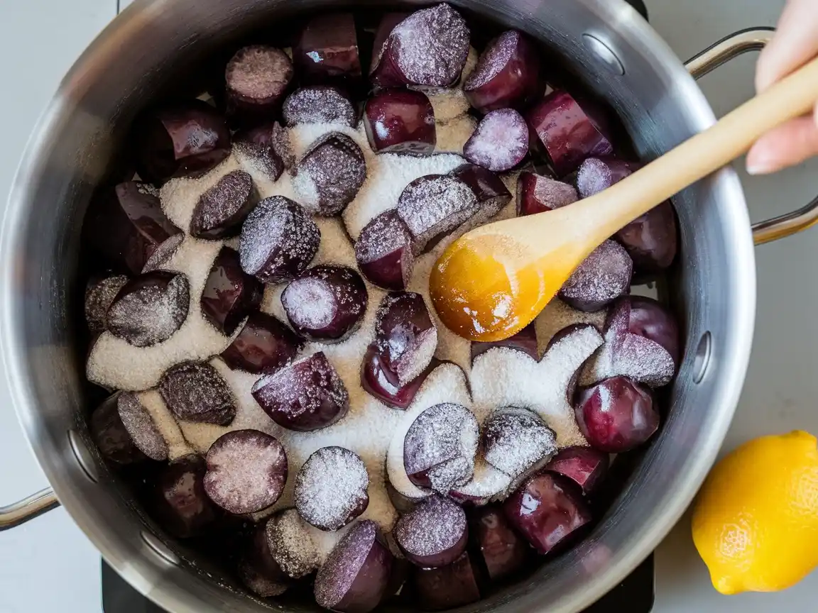 Zwetschgen mit Gelierzucker in einem Topf für Zwetschgenmarmelade vermischt.