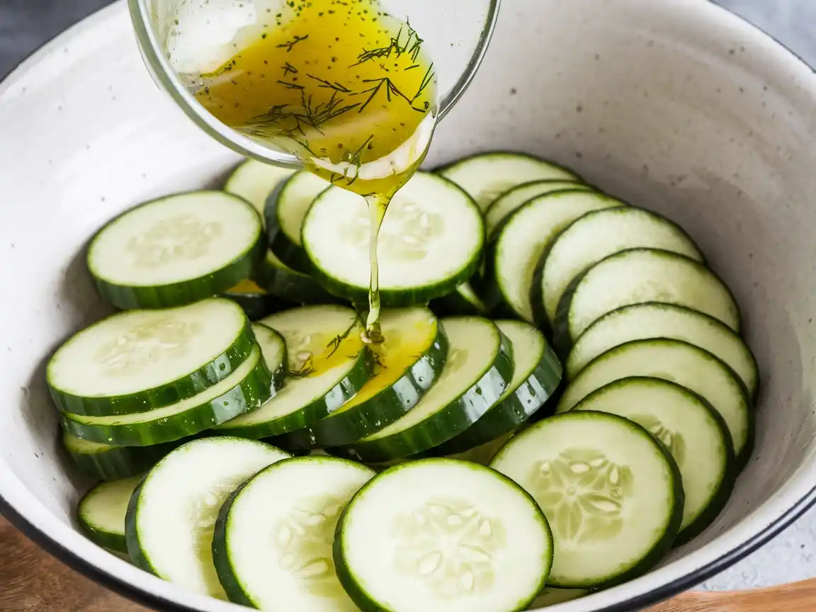 Essig-Dressing wird über Gurkenscheiben gegossen, um Gurkensalat mit Dill zu kreieren.