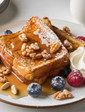 French Toast Rezept - Serviertes French Toast mit Puderzucker und Ahornsirup 2