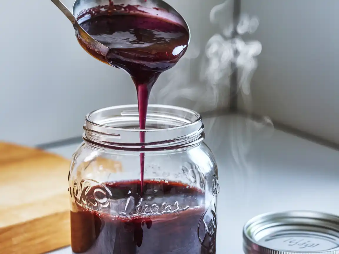 Zwetschgenmarmelade wird heiß in sterile Gläser abgefüllt.