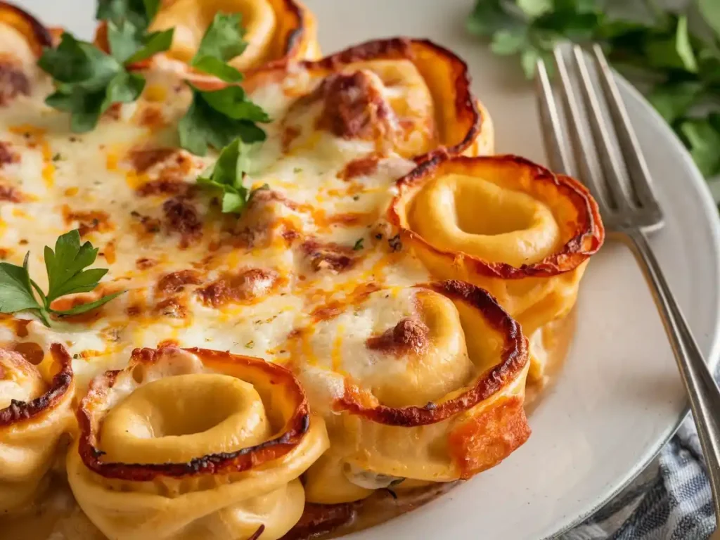 Tortellini Auflauf mit goldener Käsekruste, serviert auf einem Teller, garniert mit frischer Petersilie