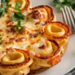 Tortellini Auflauf mit goldener Käsekruste, serviert auf einem Teller, garniert mit frischer Petersilie