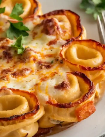 Tortellini Auflauf mit goldener Käsekruste, serviert auf einem Teller, garniert mit frischer Petersilie