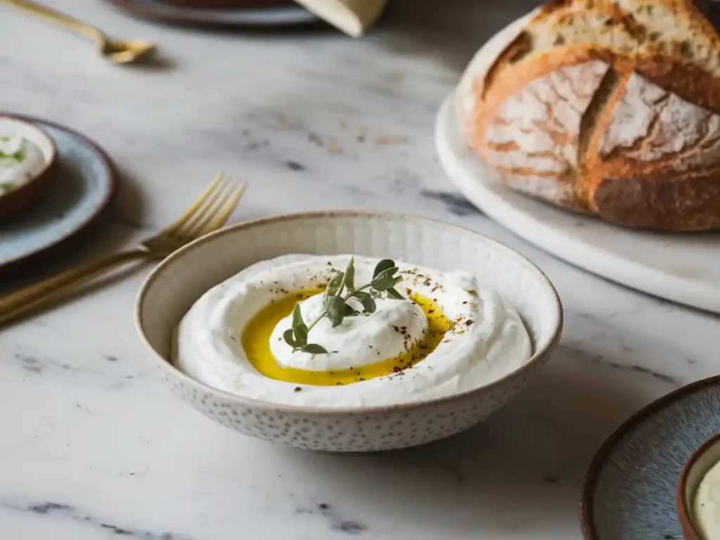 Tzatziki Rezept Original Griechisch in einer weißen Schüssel auf Marmor-Tisch