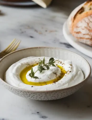 Tzatziki Rezept Original Griechisch in einer weißen Schüssel auf Marmor-Tisch