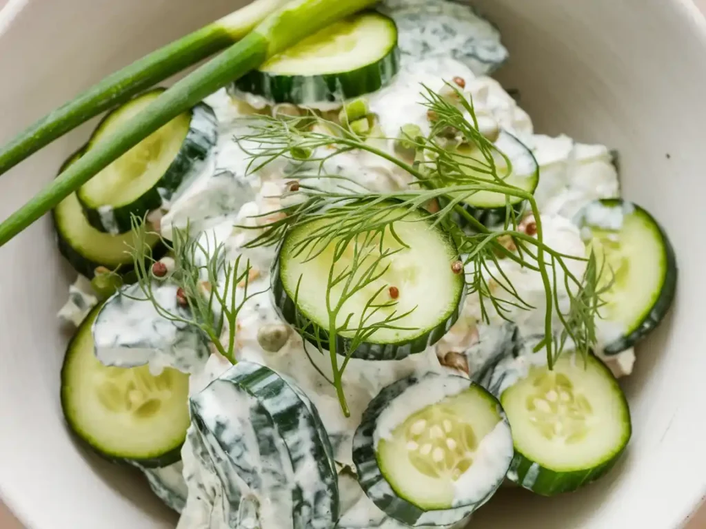 Frischer Gurkensalat mit Dill und leichtem Dressing auf einem Teller