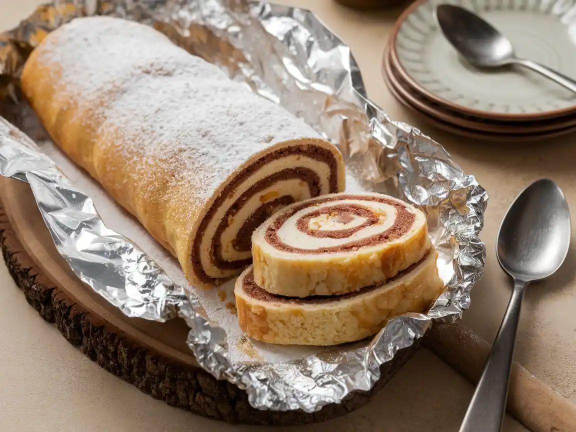 Biskuitrolle Rezept - Aufgerollte Biskuitrolle in Frischhaltefolie