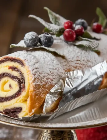 Biskuitrolle Rezept - Biskuitrolle gefüllt mit Schlagsahne und frischen Früchten, serviert auf einem Teller