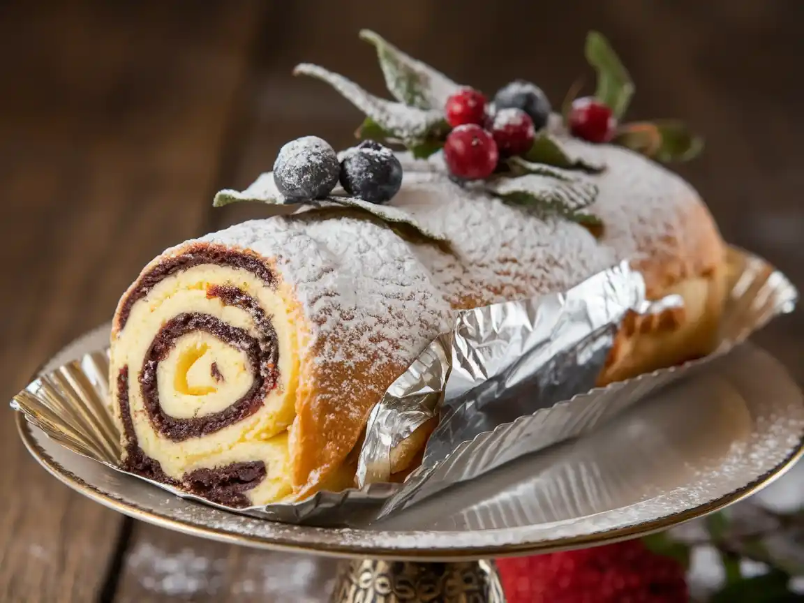 Biskuitrolle Rezept - Biskuitrolle gefüllt mit Schlagsahne und frischen Früchten, serviert auf einem Teller