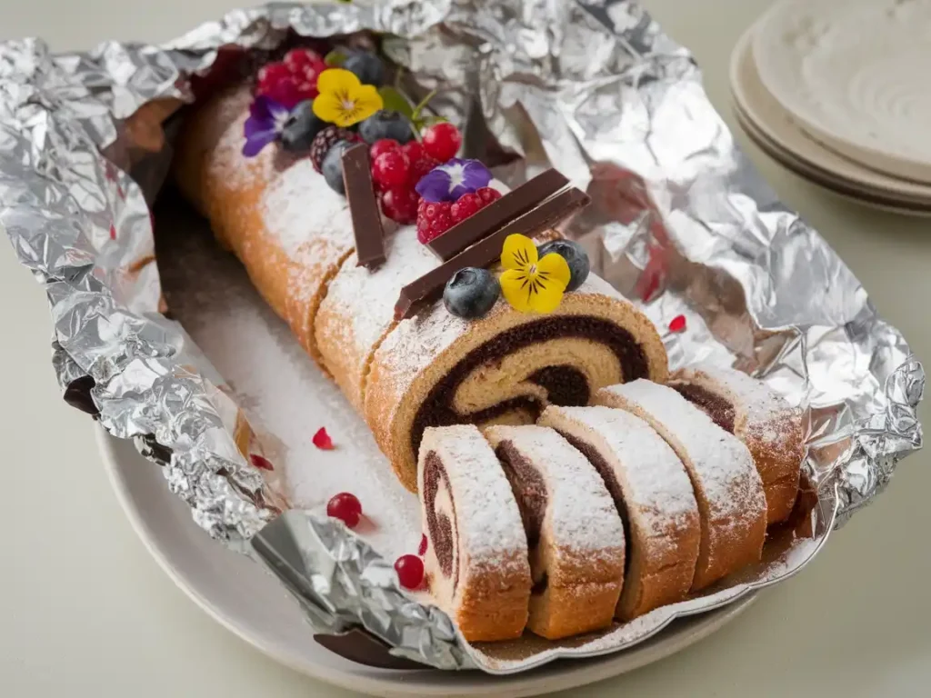 Biskuitrolle Rezept - Aufgerollte Biskuitrolle in Frischhaltefolie nr2