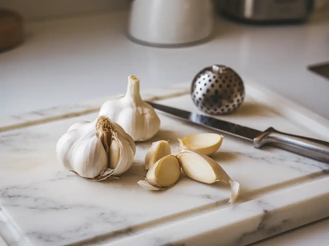 Geschälter Knoblauch für das Tzatziki Rezept Original Griechisch, auf einem weißen Schneidebrett.