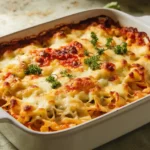 Frisch gebackener Nudelauflauf mit goldener Käsekruste und frischen Kräutern