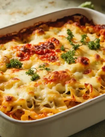 Frisch gebackener Nudelauflauf mit goldener Käsekruste und frischen Kräutern