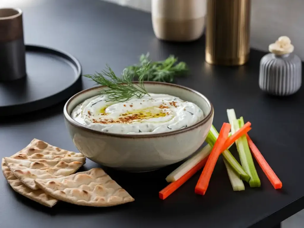 Alt Text: Tzatziki Rezept Original Griechisch in einer modernen Schüssel auf mattschwarzem Tisch