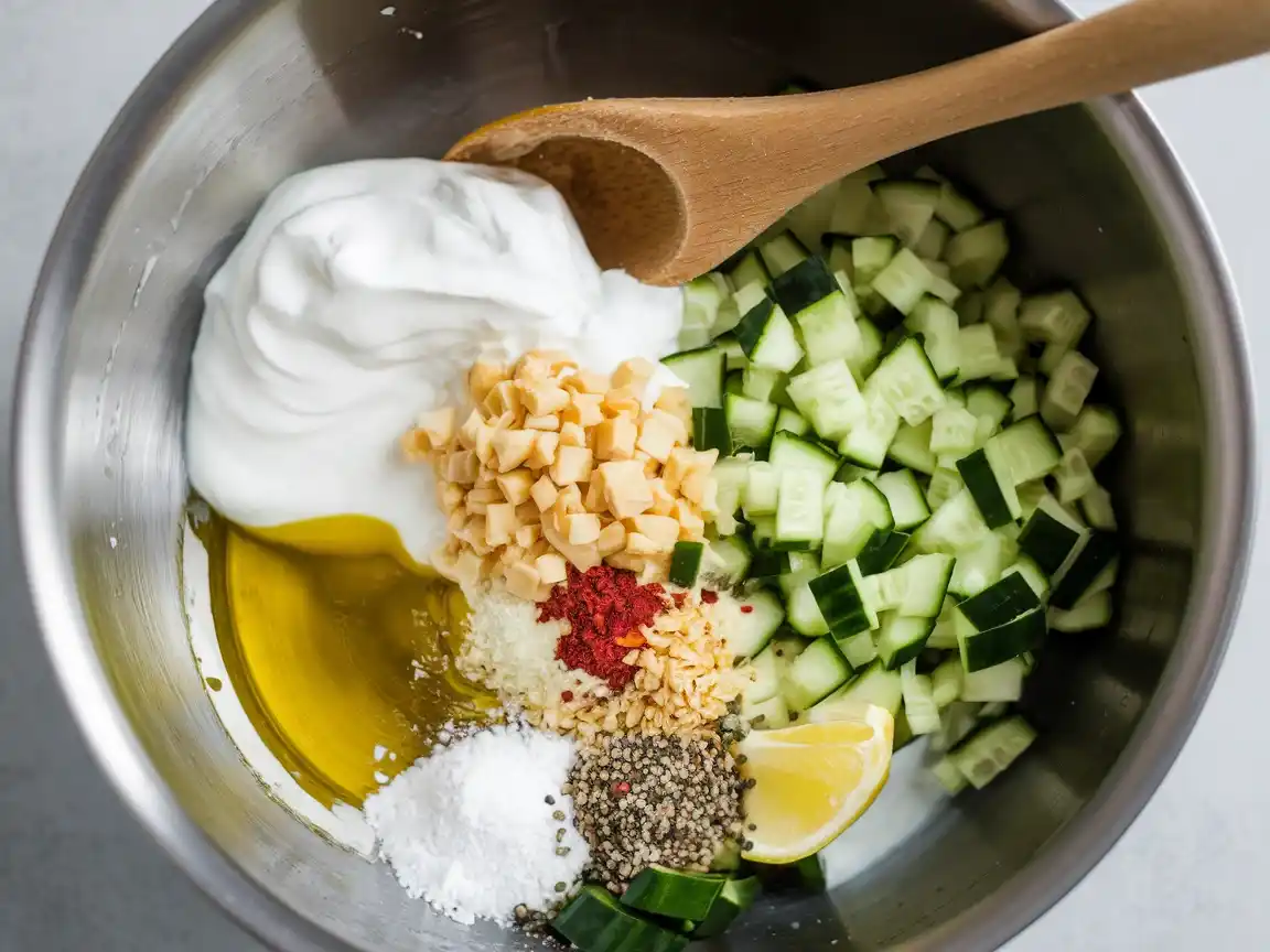 Zutaten für das Tzatziki Rezept Original Griechisch in einer großen Schüssel