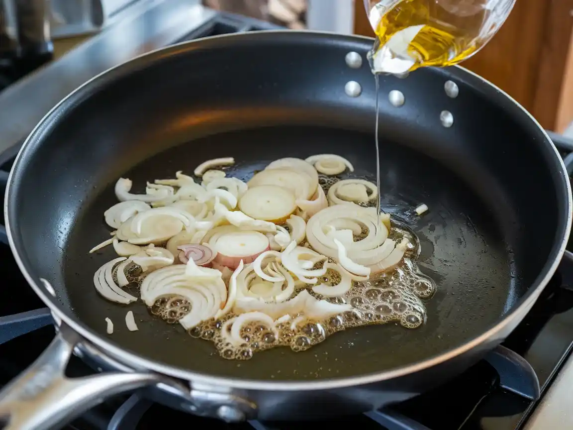 Zwiebel und Knoblauch anbraten für Tortellini Auflauf