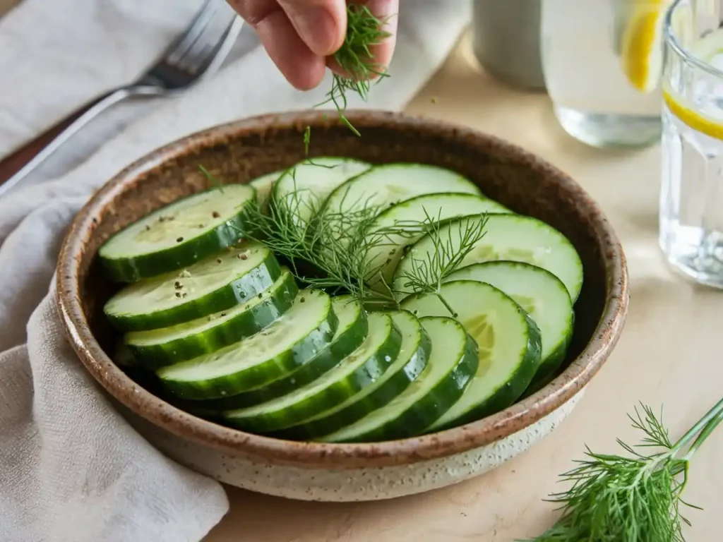 Gurkensalat mit Dill wird final mit frischem Dill und schwarzem Pfeffer garniert.