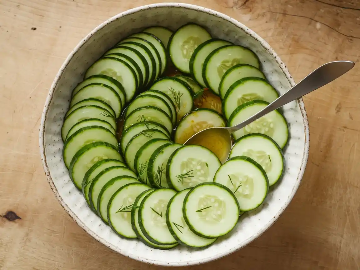 Gurkensalat mit Dill wird in einer Schale angerichtet und servierfertig gemacht.