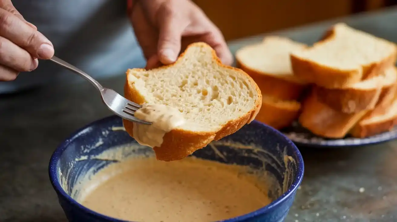 Dicke Brotscheiben werden in den Teig für French Toast eingetaucht