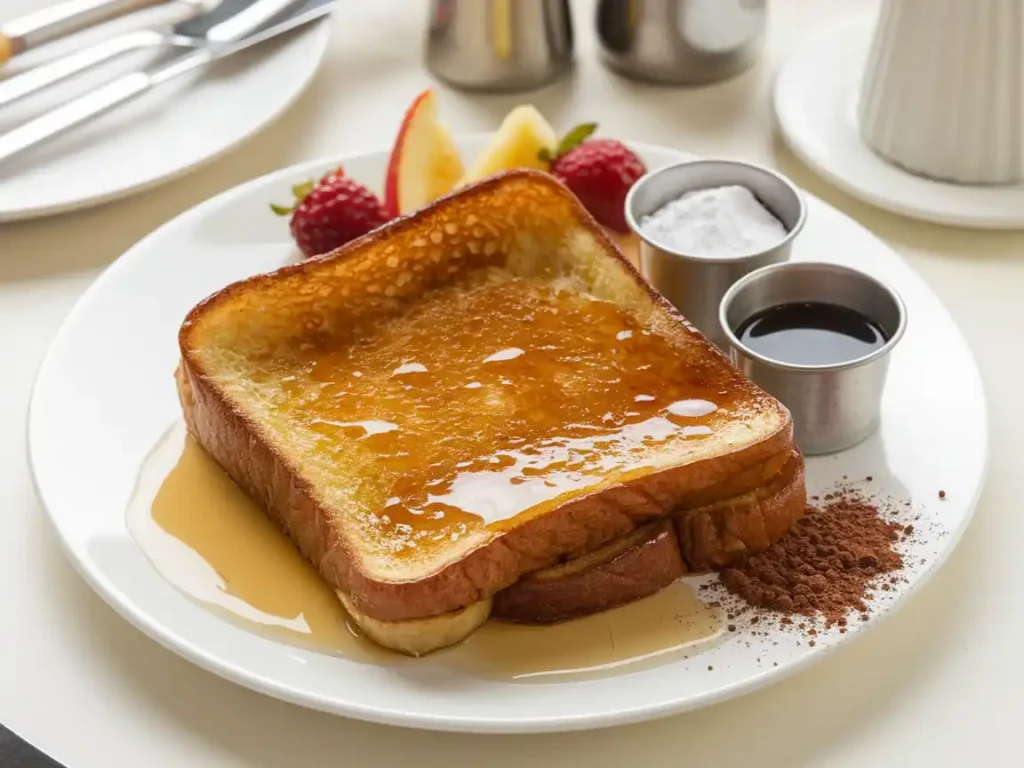 Knuspriger French Toast, serviert mit Ahornsirup und frischen Früchten auf einem Teller