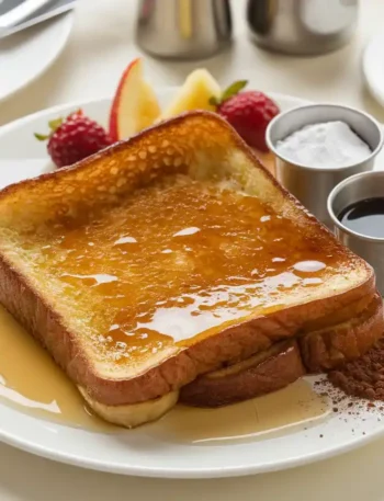 Knuspriger French Toast, serviert mit Ahornsirup und frischen Früchten auf einem Teller