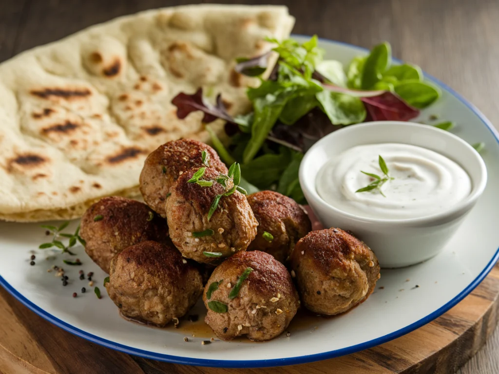 Köfte Rezept - Türkische Köfte, serviert mit frischen Kräutern und Beilagen auf einem Teller