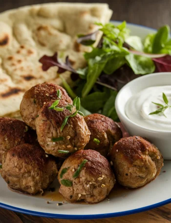 Köfte Rezept - Türkische Köfte, serviert mit frischen Kräutern und Beilagen auf einem Teller