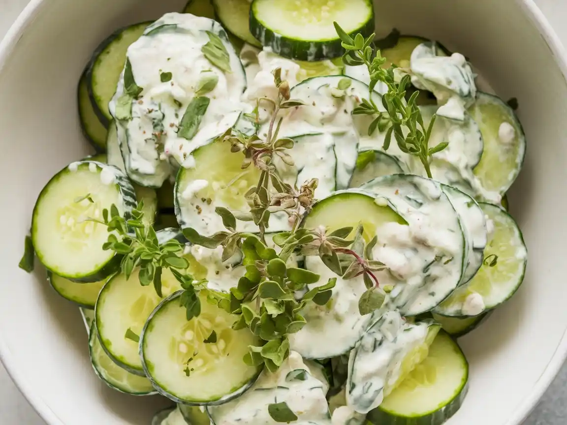 Gurkensalat mit Dressing und Kräutern