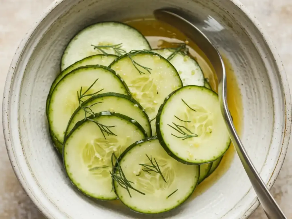 Nahaufnahme des Gurkensalat mit Dill auf einem weißen Teller, mit glänzenden Gurkenscheiben und feinem Dill, leicht im Essig-Dressing mariniert