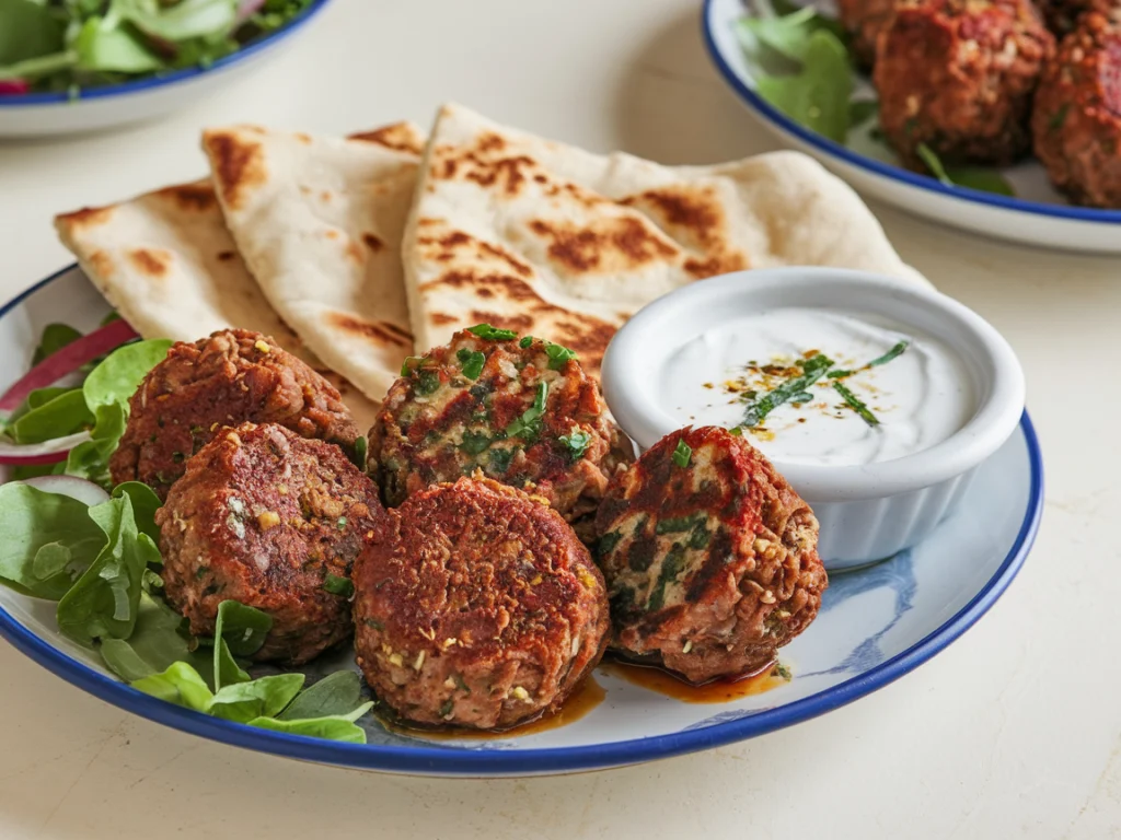 Türkische Köfte, serviert mit frischen Kräutern und Beilagen auf einem Teller image 2