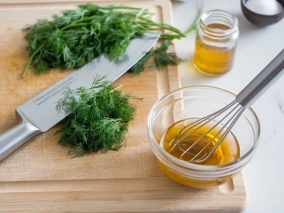 Frischer Dill wird fein gehackt und ein Essig-Dressing für den Gurkensalat zubereitet.