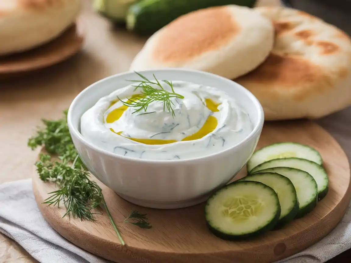 Fertiges Tzatziki Rezept Original Griechisch in einer Schüssel, garniert mit frischen Kräutern.