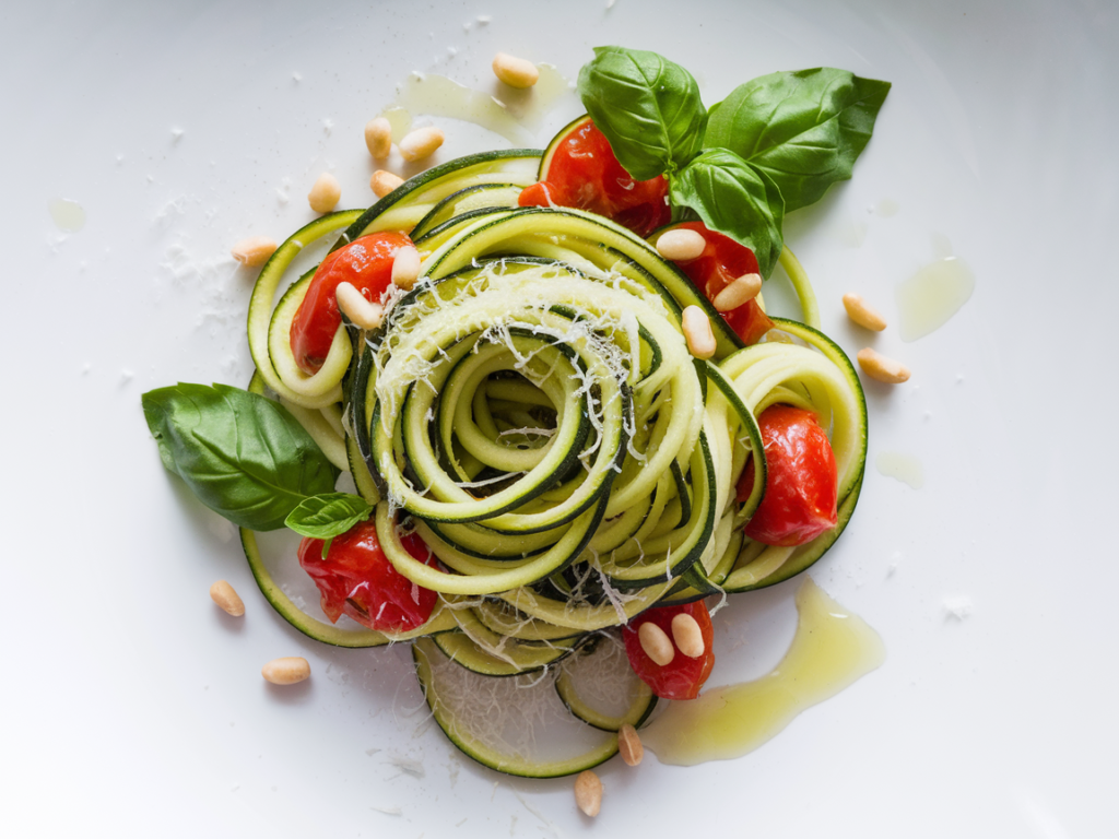 Das fertige Zucchini Pasta Rezept wird auf einem modernen Keramikteller serviert.