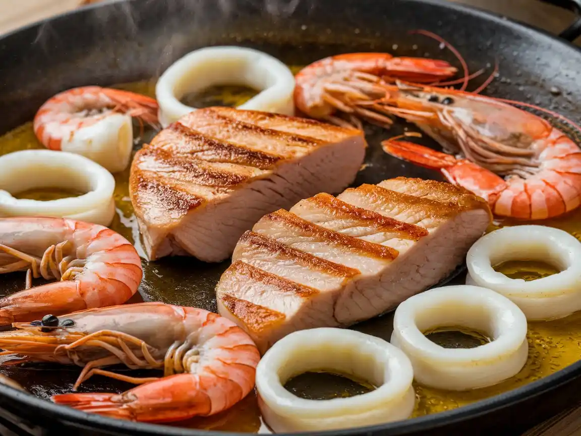 Hähnchenbrust oder Meeresfrüchte werden in der Paella Pfanne in Olivenöl angebraten