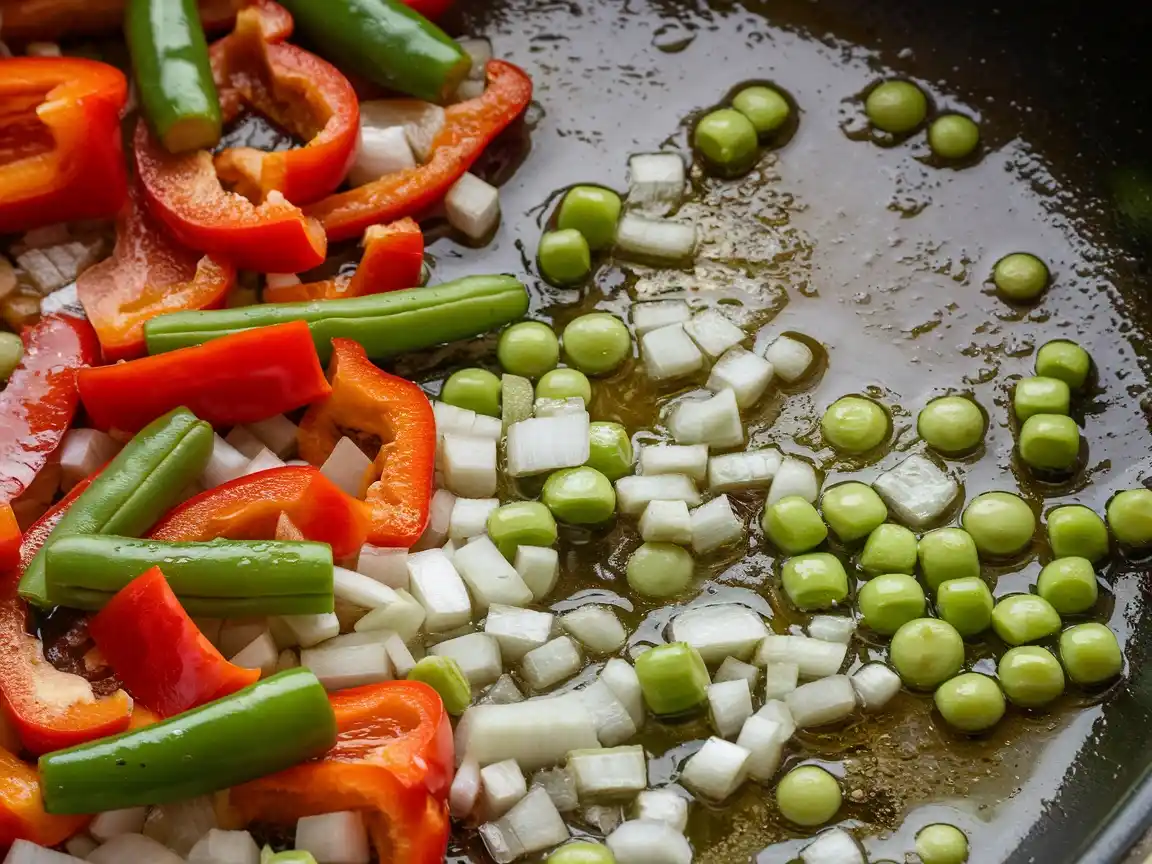 Paprika, Zwiebeln und Erbsen werden in der Paella Pfanne mit Olivenöl angebraten