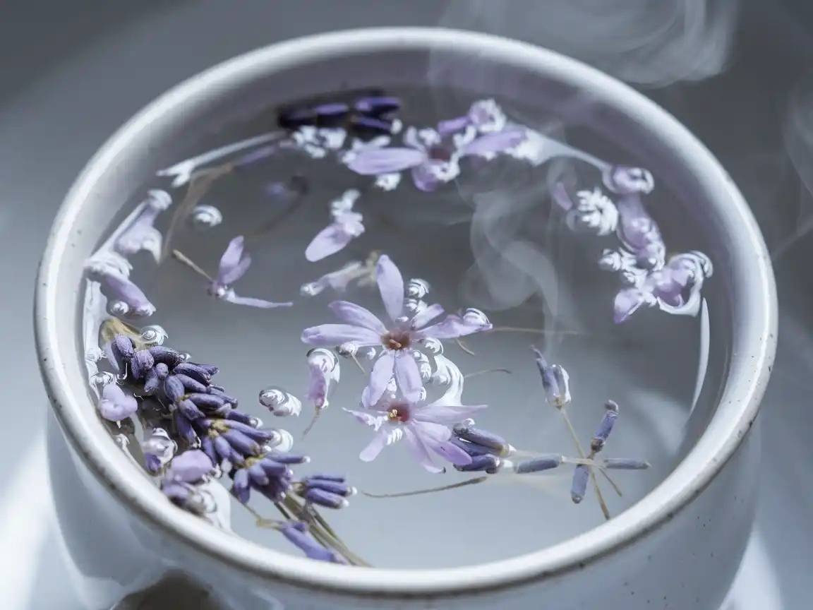 Lavendelblüten, die in heißem Wasser eingeweicht werden, um ihr Aroma freizusetzen.