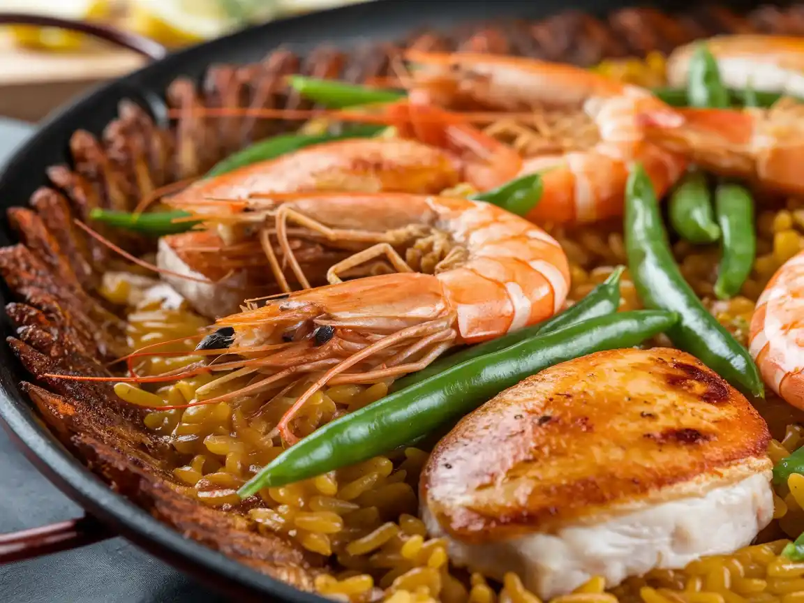 Fertige Paella Pfanne mit Hähnchenbrust, Garnelen und Zitronenscheiben, bereit zum Servieren.