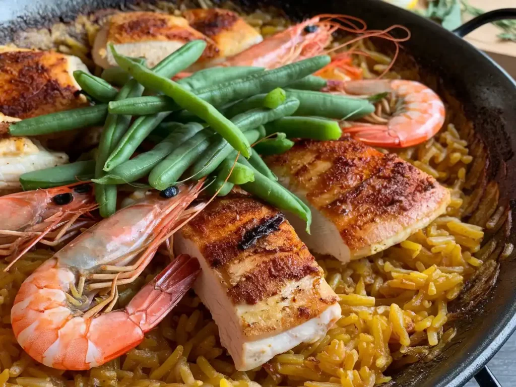 Fertige Paella Pfanne mit Garnelen, Paprika und Zitronenscheiben auf einem rustikalen Tisch serviert