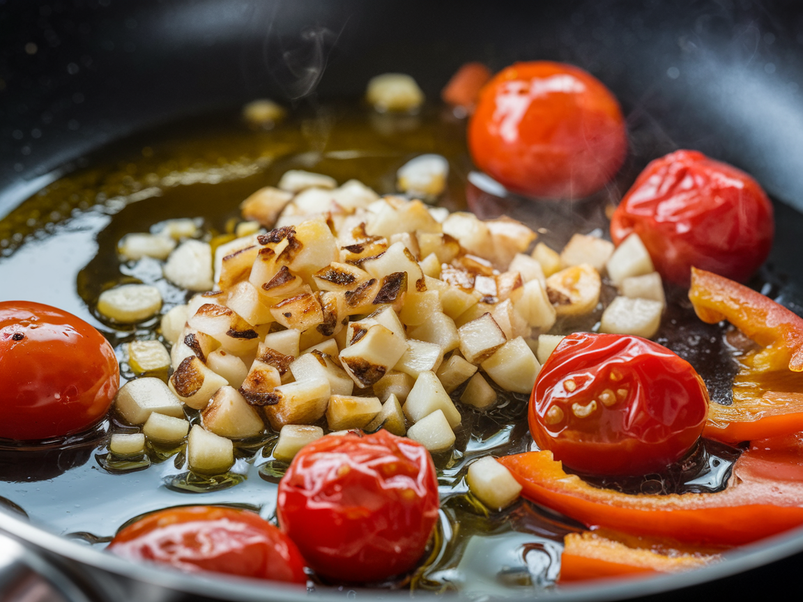 Frisches Gemüse wird für das Zucchini Pasta Rezept in Olivenöl sautiert.