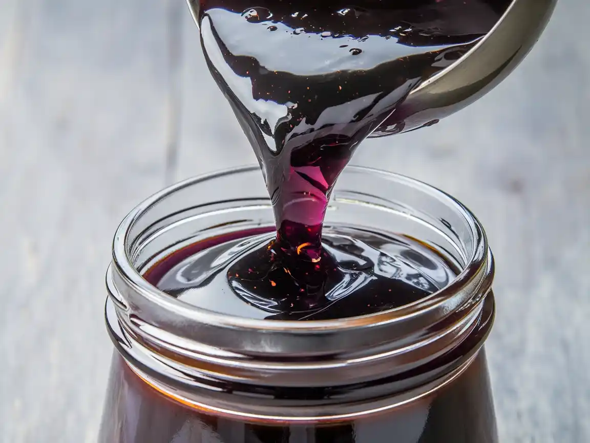 Heiße Zwetschgenmarmelade mit Rum wird in ein Glas abgefüllt.