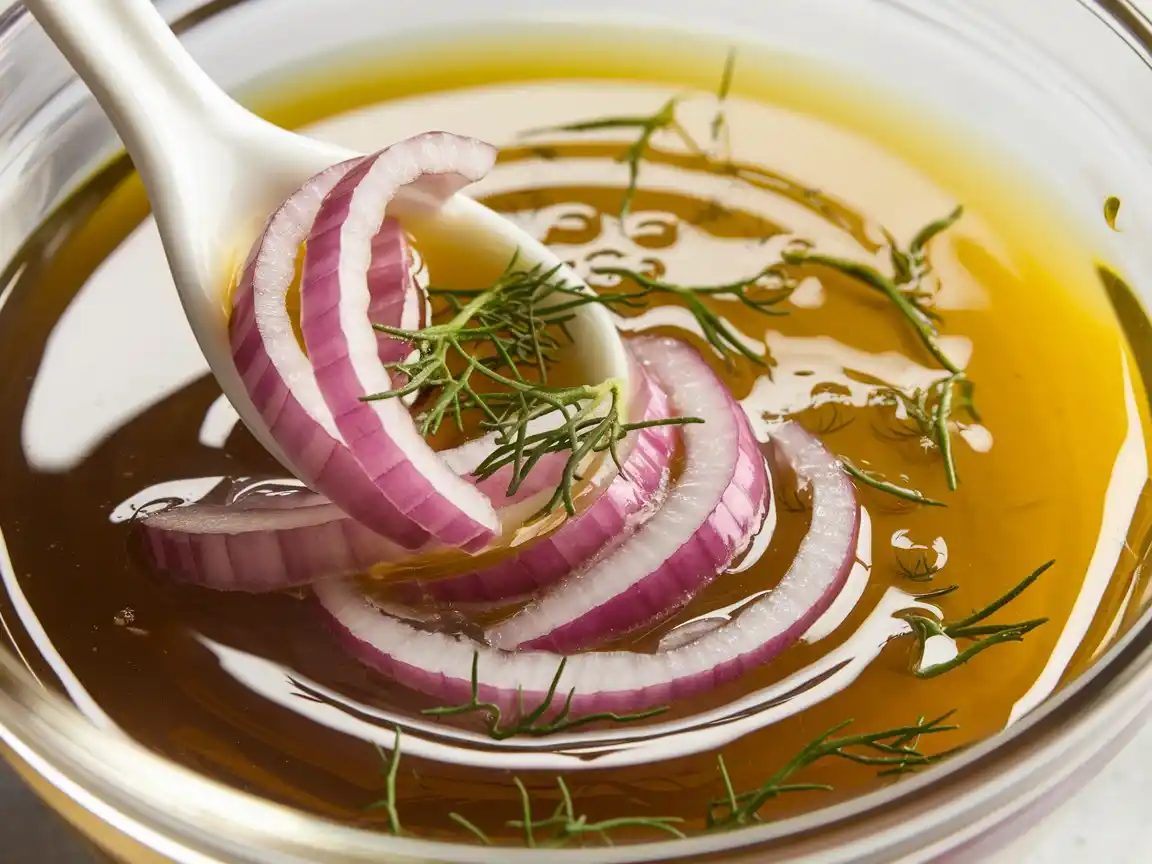 Rote Zwiebeln und Dill werden ins Dressing für den Dänischen Gurkensalat eingerührt.