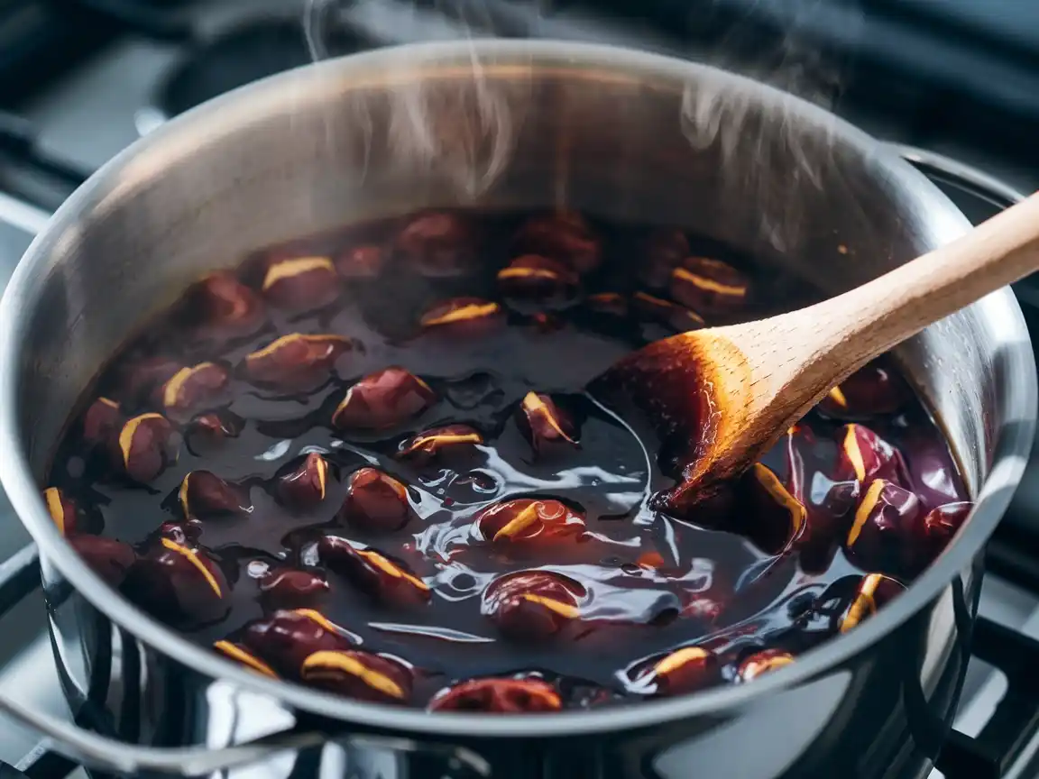 Zwetschgenmarmelade mit Rum wird langsam auf dem Herd erhitzt.