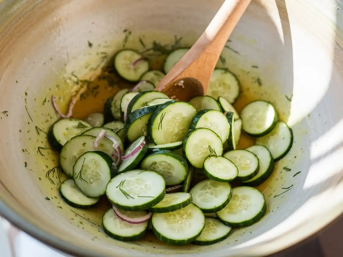 Gurkenscheiben werden mit Dressing vermischt.